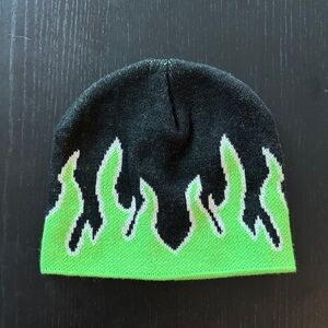 Brand New Flame Knit Beanie Black Neon Green Streetwear Hot Topic Spencers Y2K
